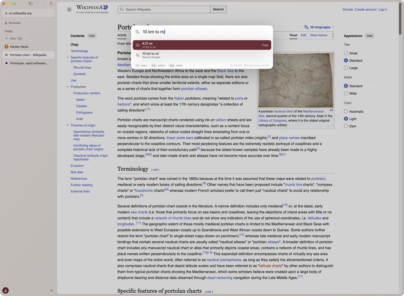 The Kaizu window with its sidebar on the left. The command bar over a Wikipedia page has turned “10 km to mi” into 6.21 mi.